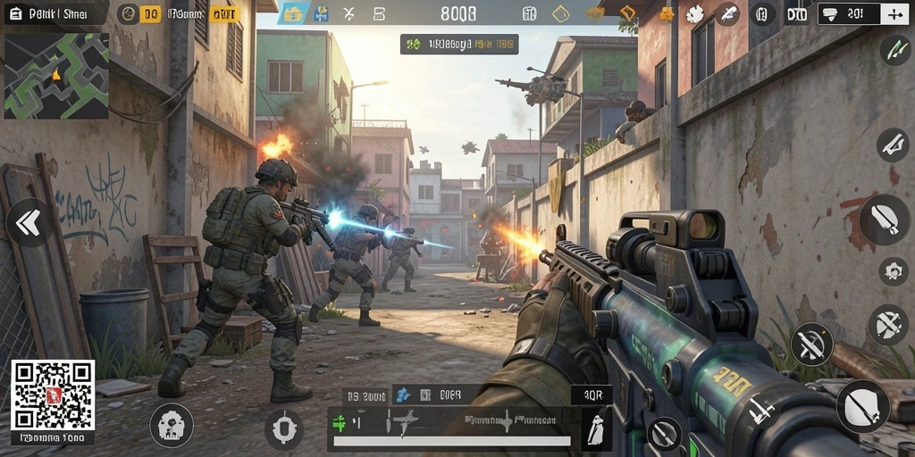 Screenshot gameplay <strong>8QR</strong> menunjukkan aksi tembak-menembak yang mendebarkan.