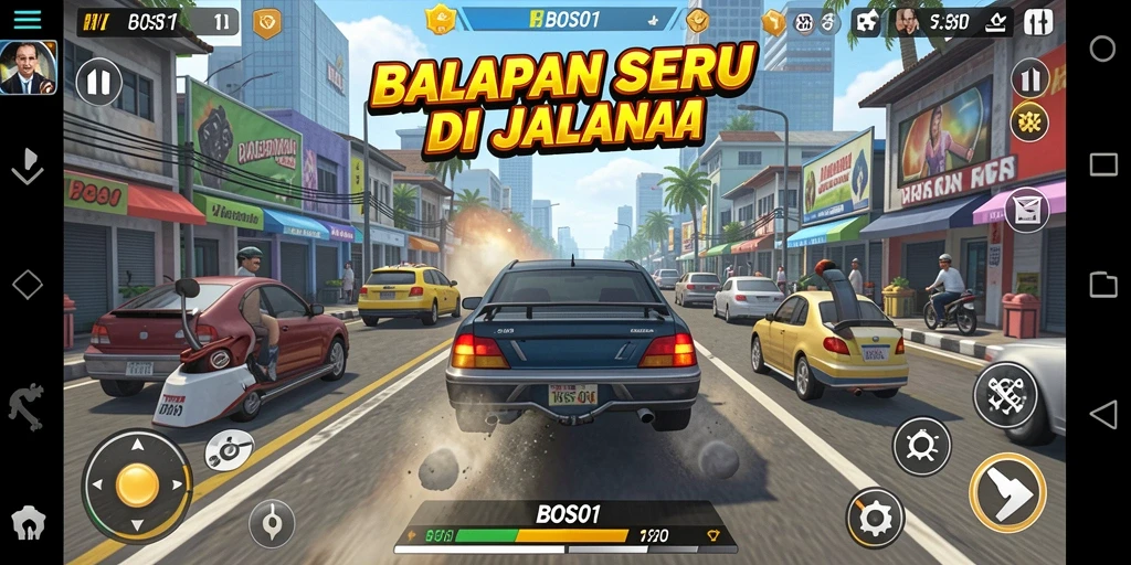 Gameplay balapan seru di BOS01 dengan mobil cepat dan jalanan menantang.
