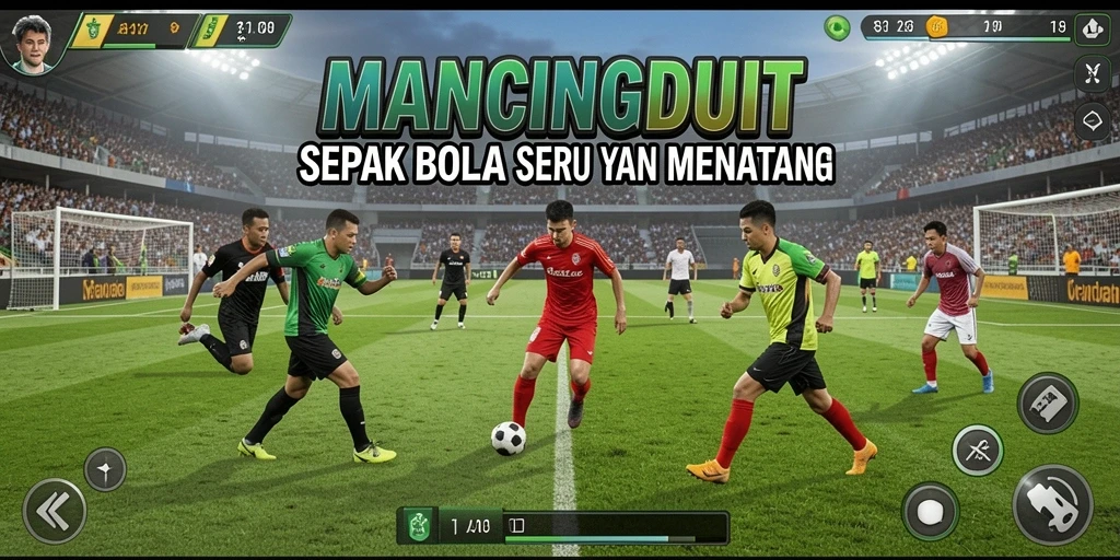Screenshot gameplay MANCINGDUIT menampilkan aksi seru dalam pertandingan sepak bola.