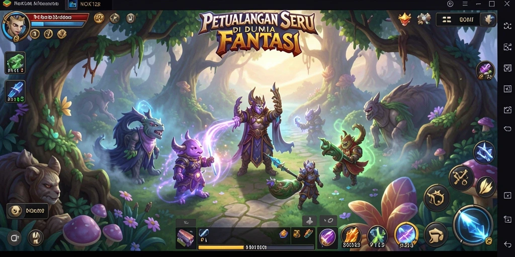 Screenshot gameplay <strong>NOX123</strong> dengan karakter menjelajahi dunia fantasi.
