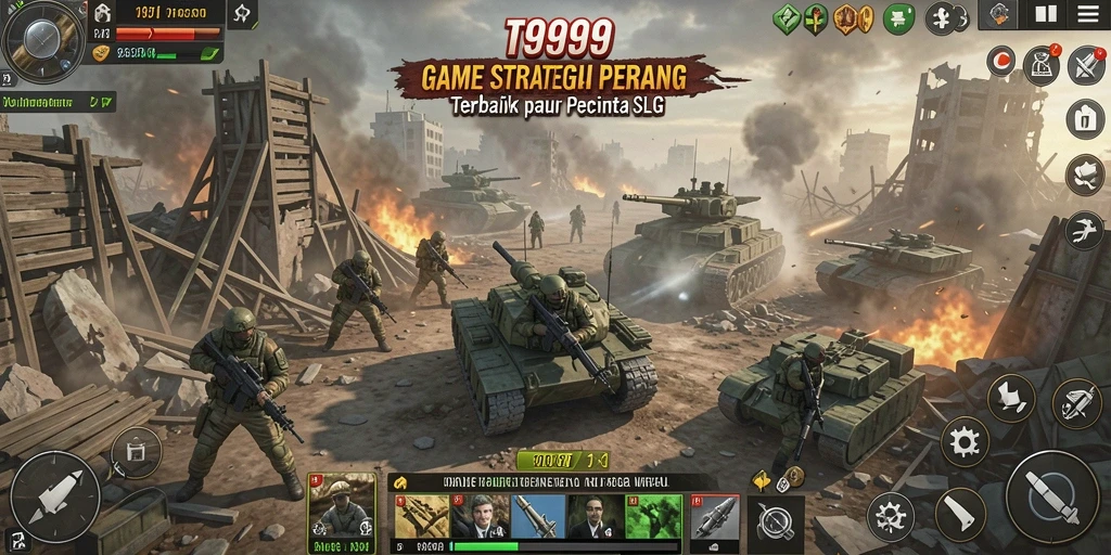 Screenshot utama T9999 menampilkan pertempuran seru di medan perang SLG.